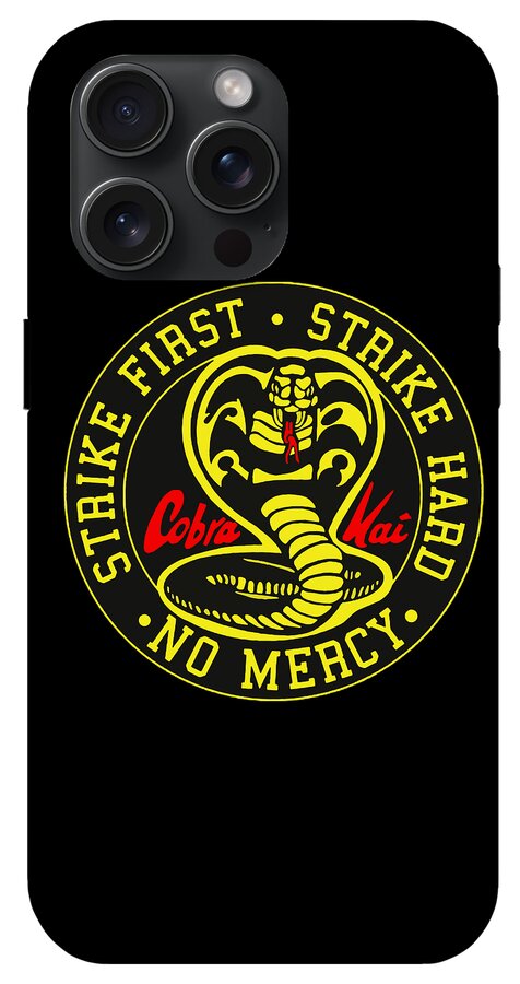 Black phone case with Cobra Kai Strike First emblem centered and camera cutouts
