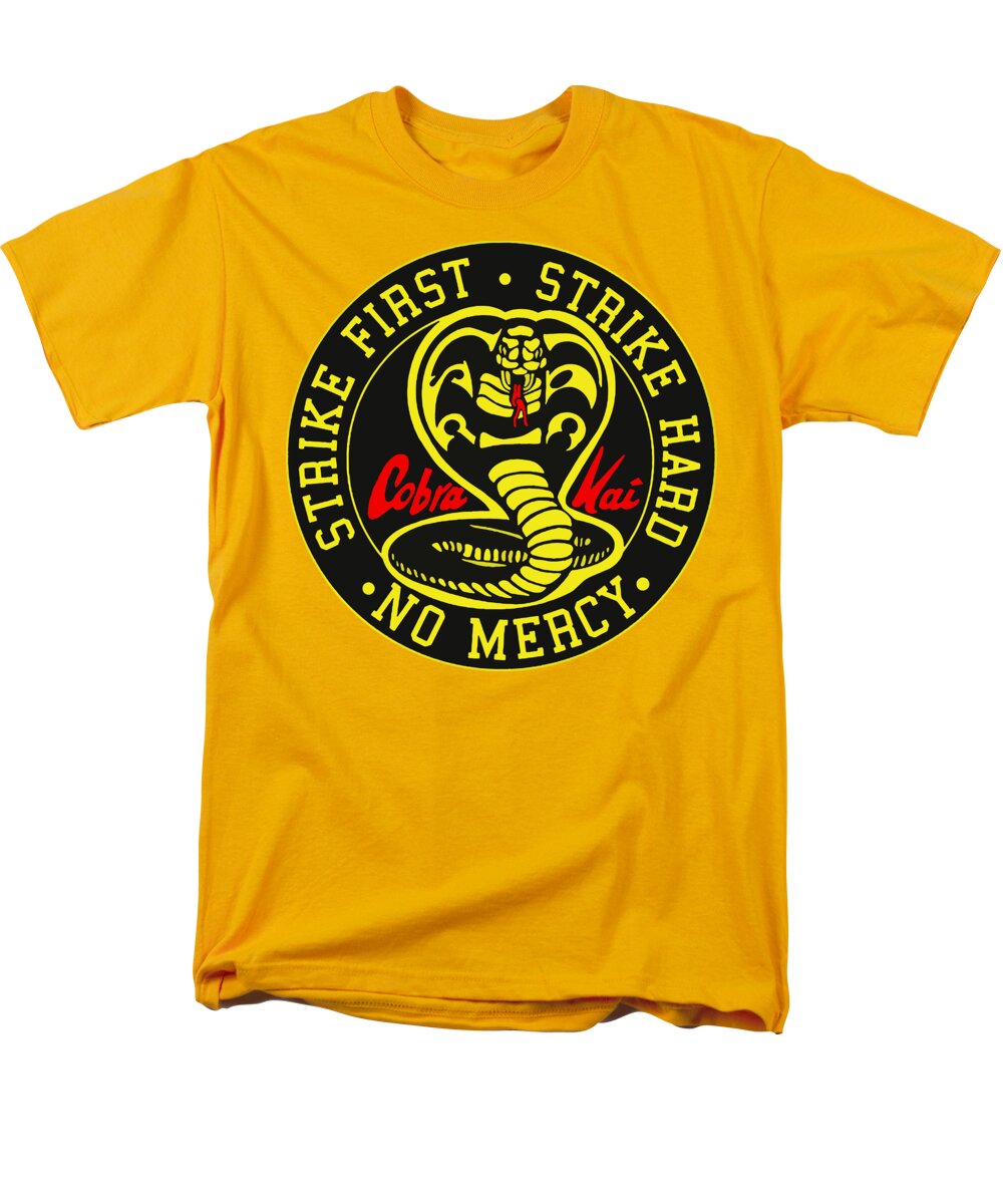 Yellow men's T-shirt with large circular Cobra Kai emblem graphic