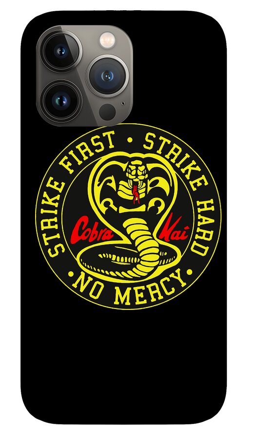 Black phone case with large circular Cobra Kai badge: yellow ring, Cobra snake, “No Mercy”.