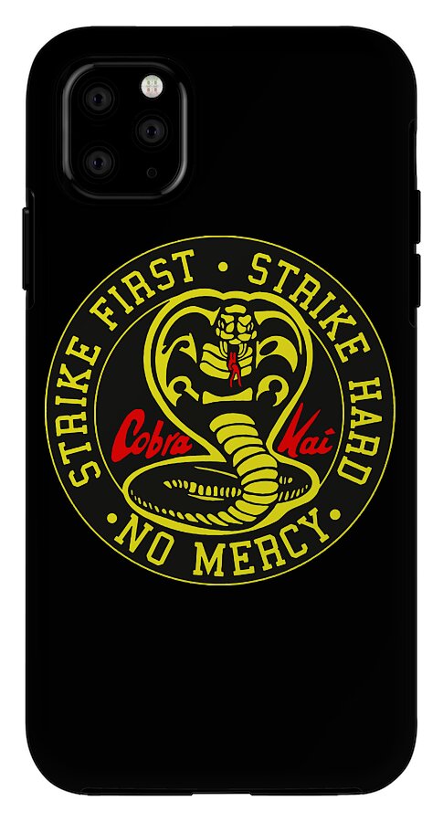 Black phone case with circular Cobra Kai Strike First No Mercy emblem on back