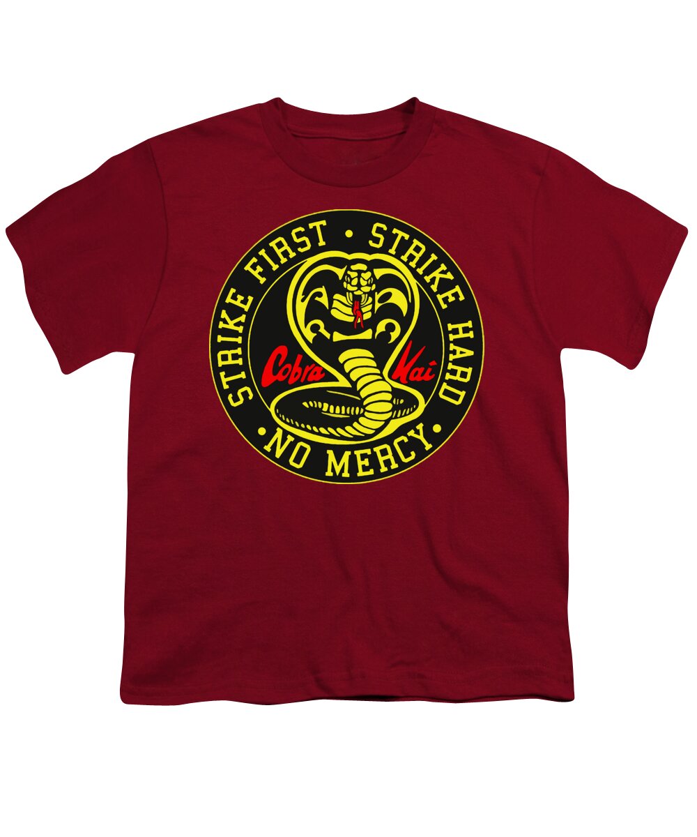 Youth red T-shirt with circular Cobra Kai Strike Hard graphic print on front