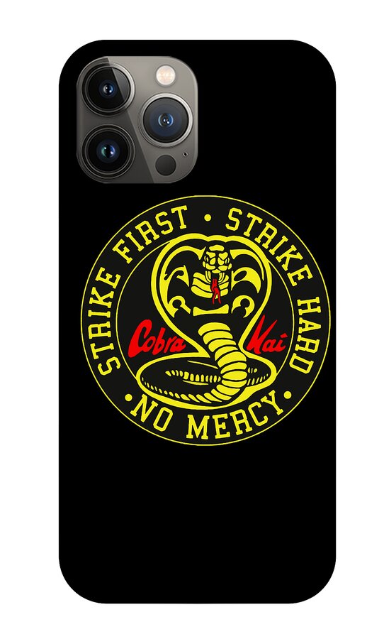 Black phone case showing a circular Cobra Kai Cobra graphic with “Strike First, No Mercy”.