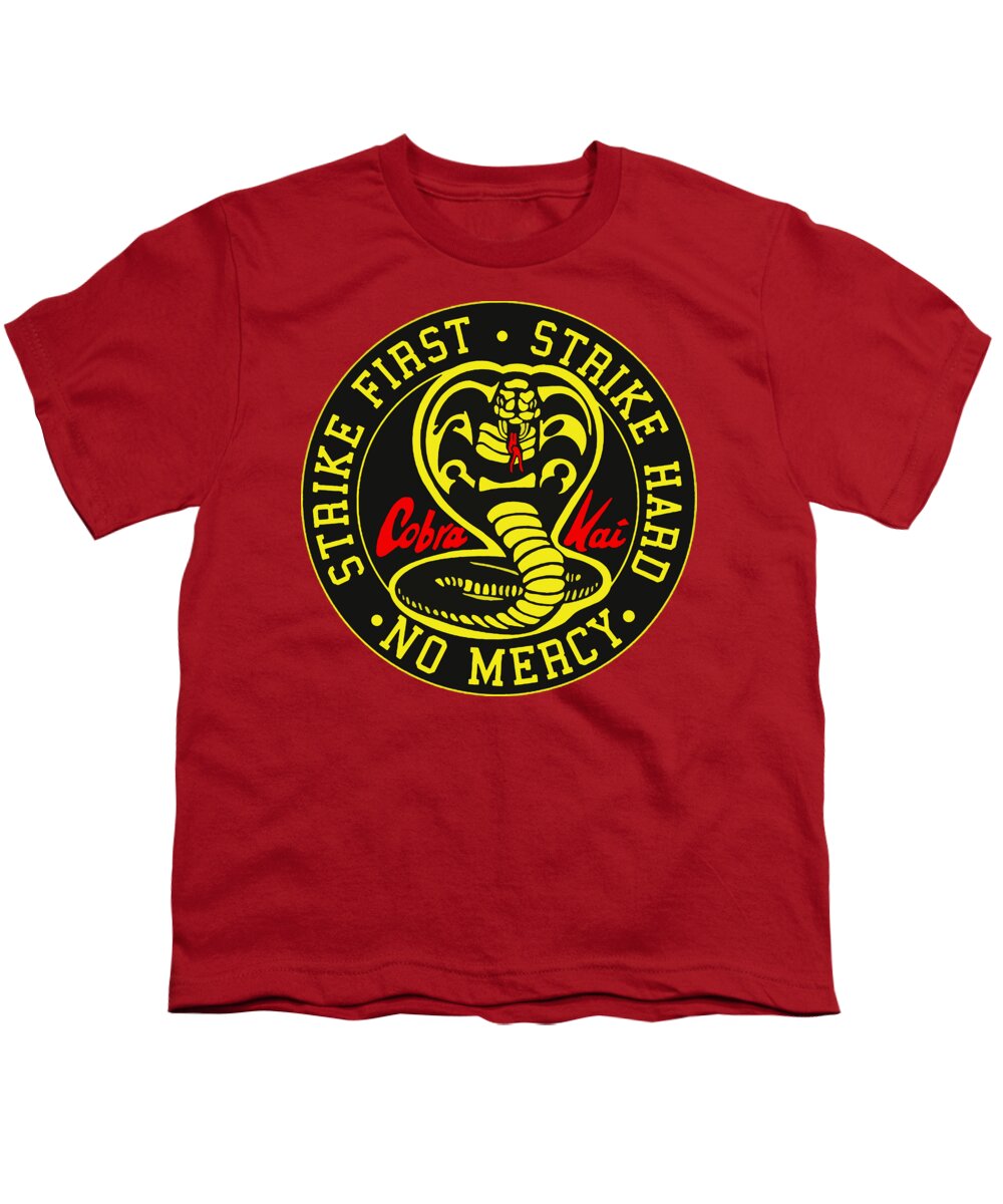 Red youth graphic T-shirt with Cobra Kai circular Strike First logo