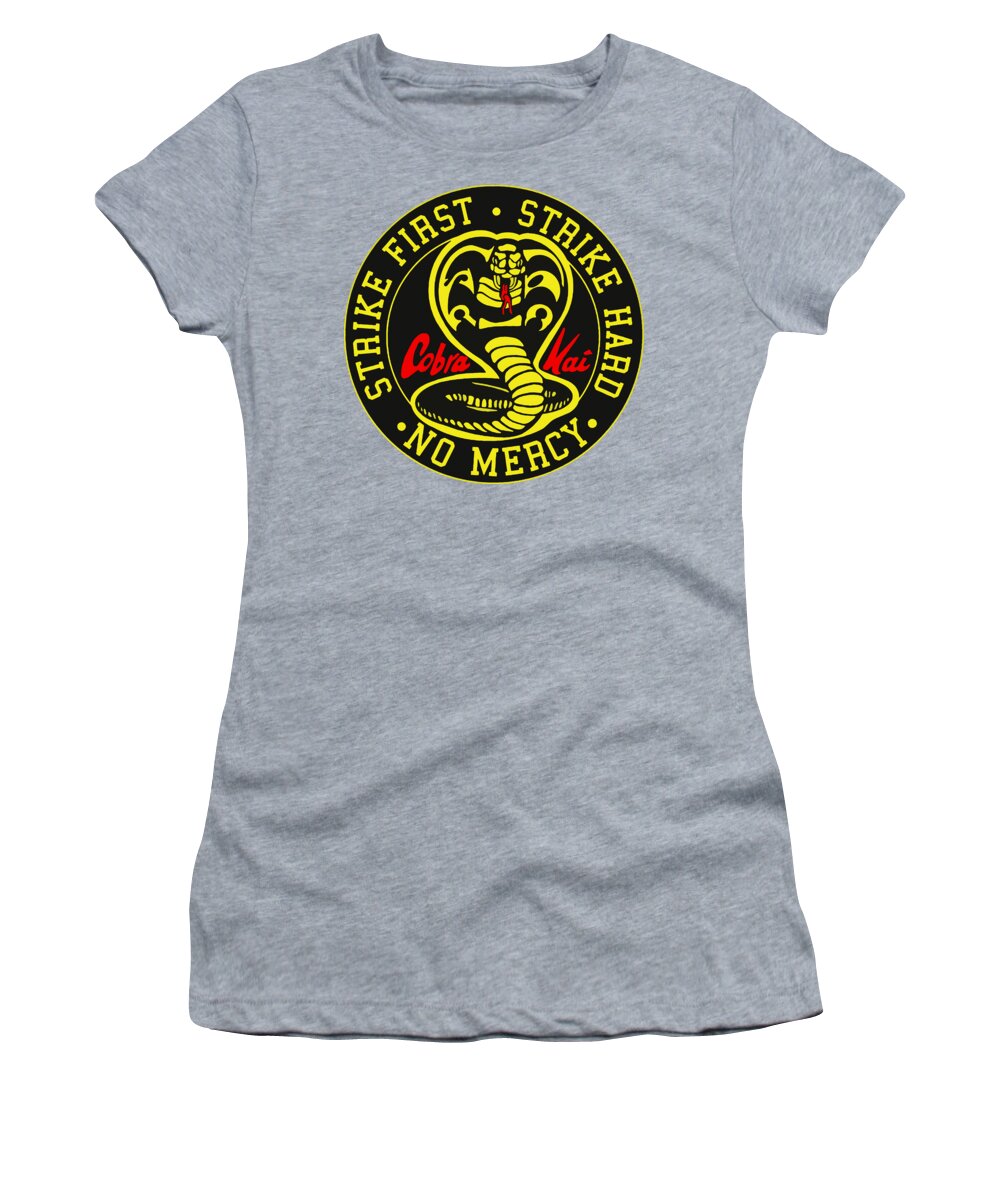 Women's heather gray T-shirt with Cobra Kai circular logo graphic on chest