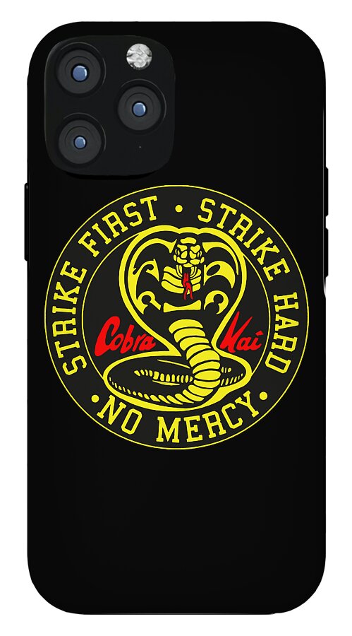 Black phone case with circular Cobra Kai Strike First No Mercy emblem centered on back