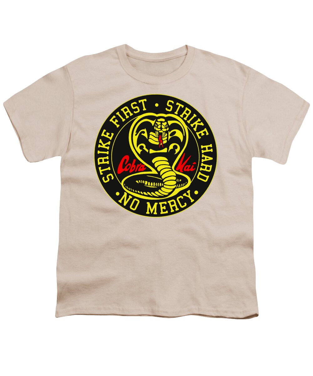 Youth cream T-shirt with circular Cobra Kai Strike Hard graphic print on front