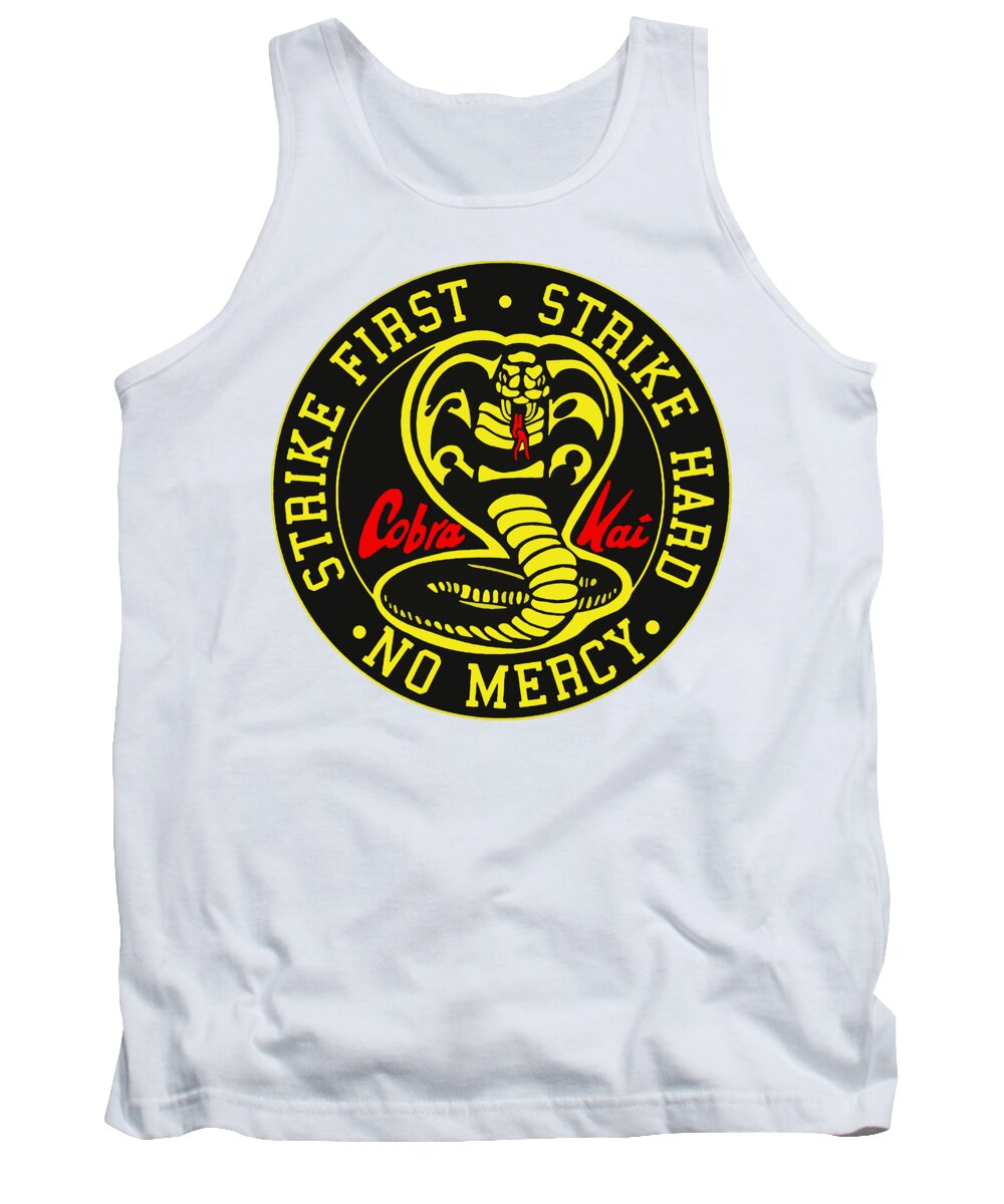 White tank top with circular Cobra Kai graphic, sleeveless crew neck