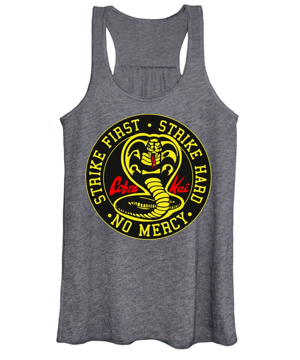 Women's charcoal heather tank top with scooped neckline and round Cobra Kai graphic logo front.