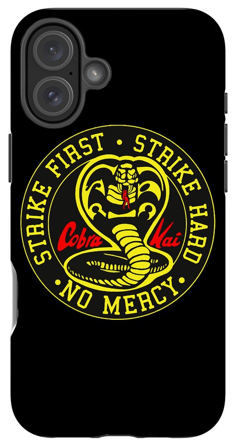Black phone case with Cobra Kai Strike First emblem and camera module on left