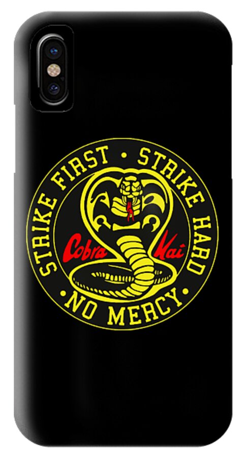Black phone case with Cobra Kai Strike First circular logo and 'No Mercy' wording