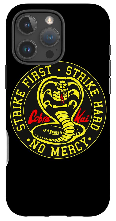 Black phone case showing camera area and large yellow Strike First No Mercy logo