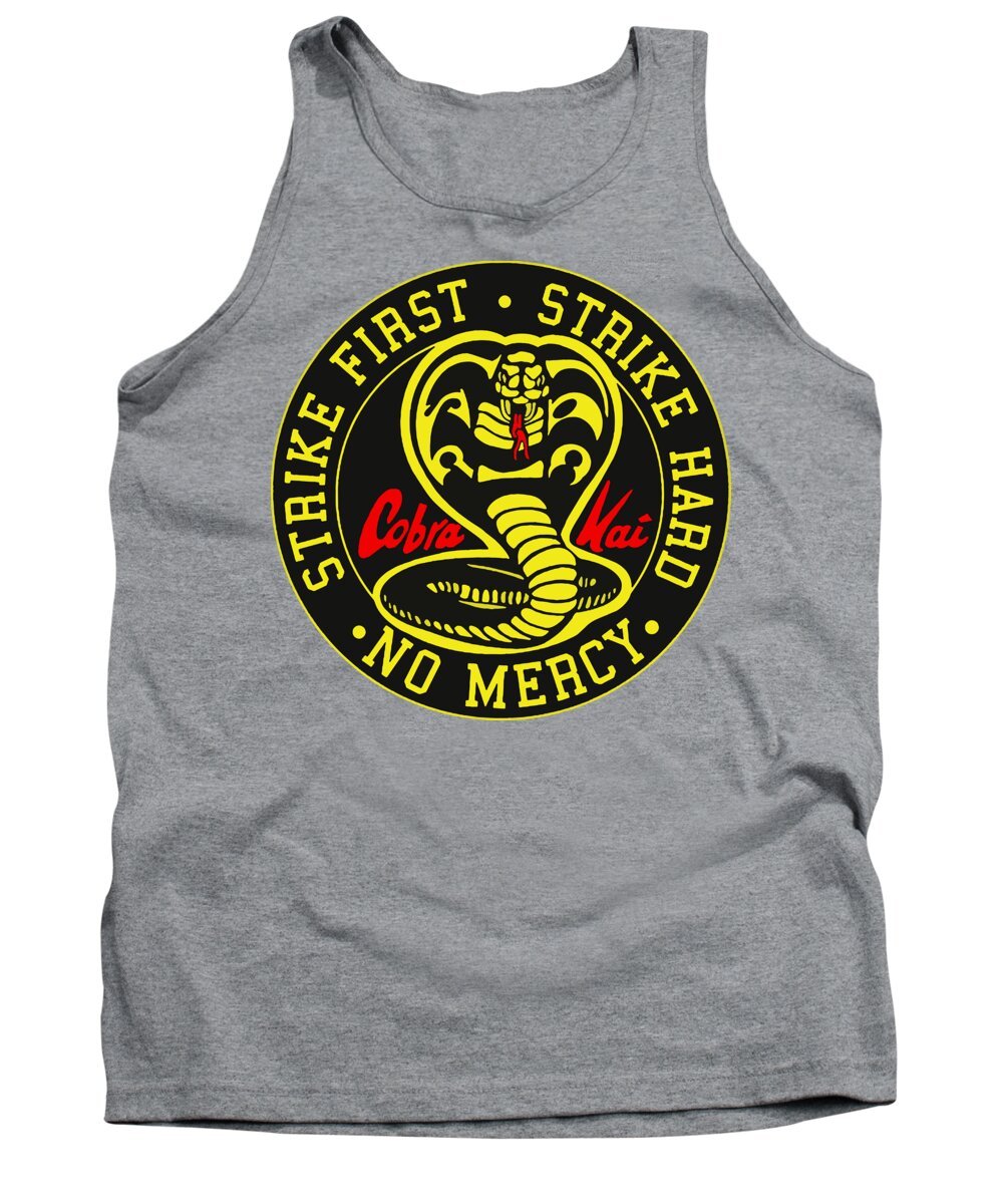 Heather gray tank top with circular Cobra Kai graphic, sleeveless crew neck