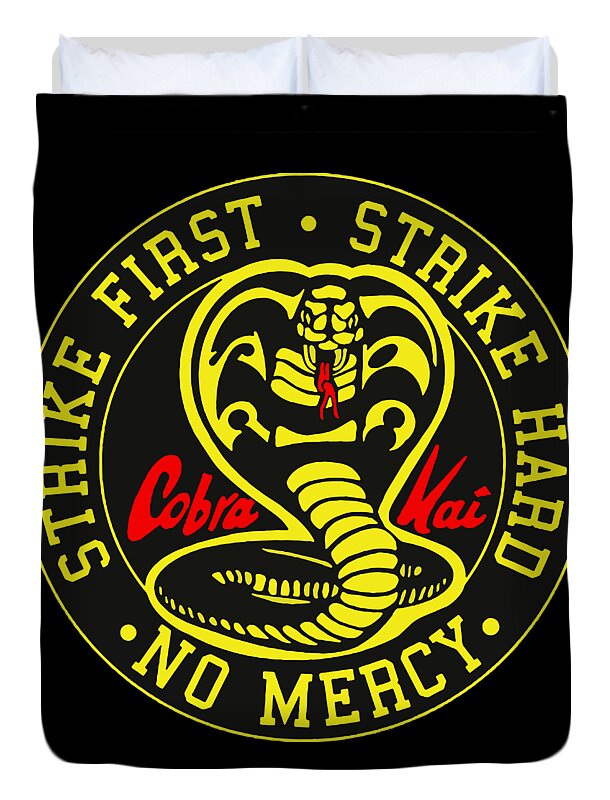Black duvet cover with Cobra Kai Strike First cobra emblem and "No Mercy" text.