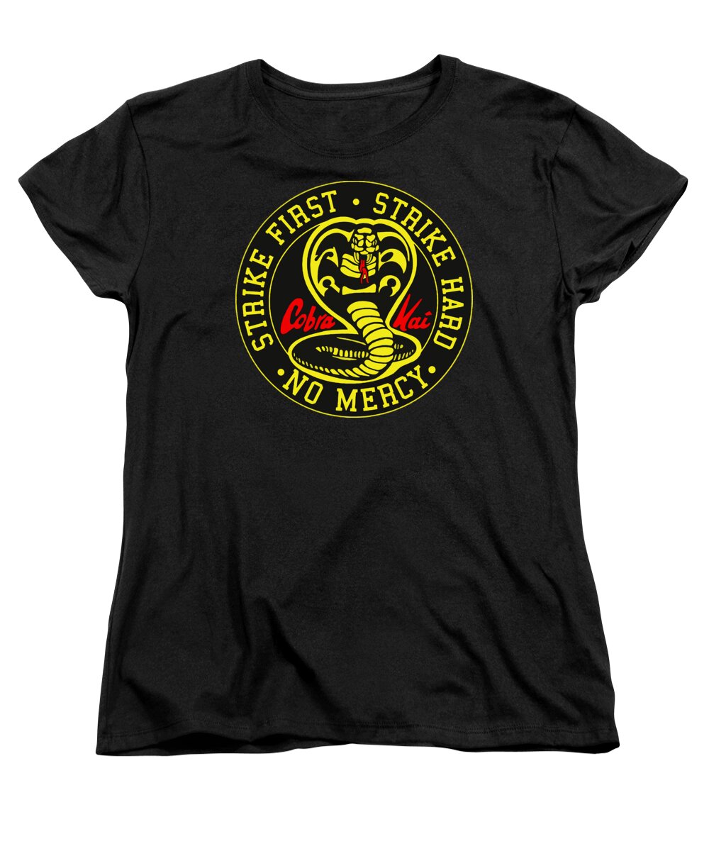 Black women's T-shirt with circular Cobra Kai logo print on chest