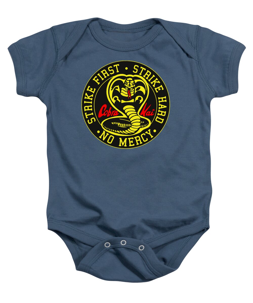 Navy baby onesie with short sleeves, snap-button legs, and round karate logo graphic