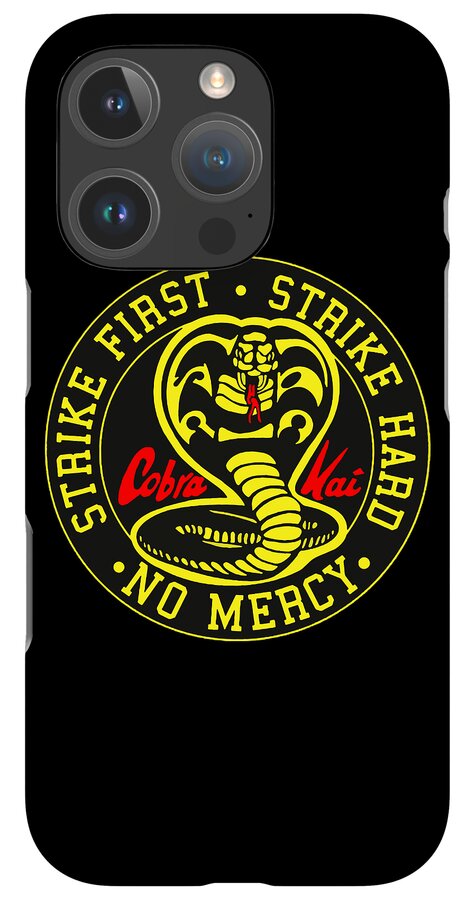 Black phone case with Cobra Kai Strike First logo, triple-lens camera and flash cutouts