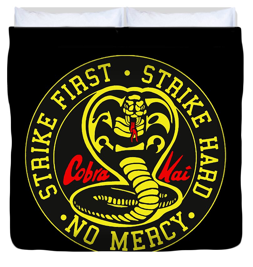 Black duvet cover with large Cobra Kai Strike First emblem, full front view.