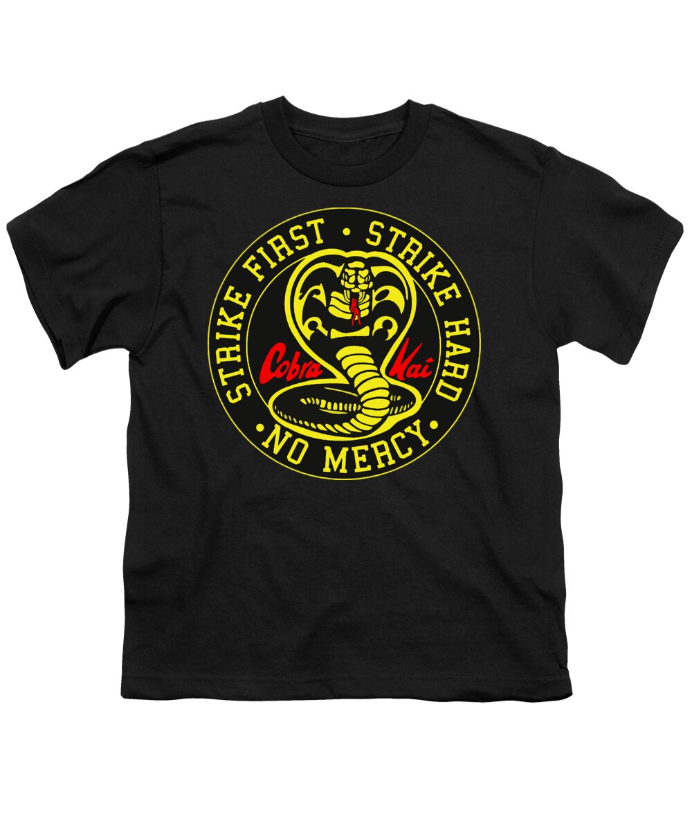 Youth black T-shirt with circular Cobra Kai Strike Hard graphic print on front