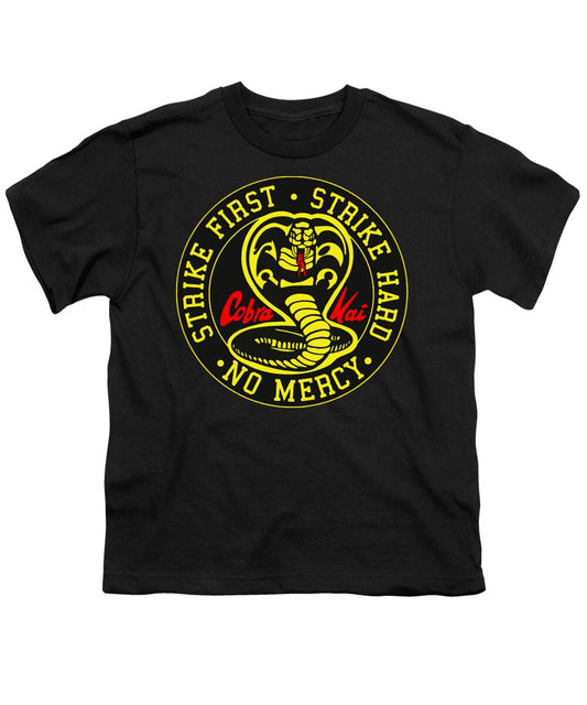 Youth black T-shirt with circular Cobra Kai Strike Hard graphic print on front