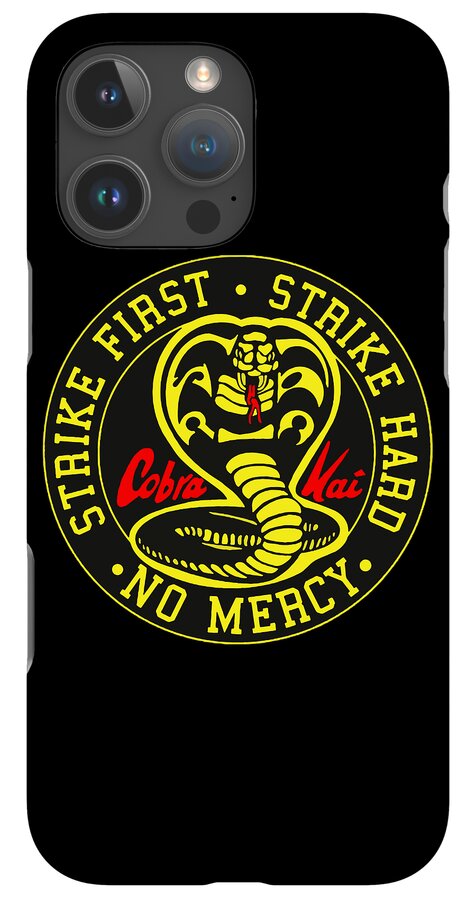 Black phone case back with camera lenses and yellow circular No Mercy emblem