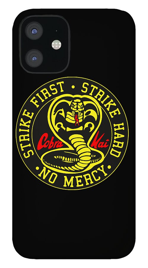 Black phone case with circular Cobra Kai emblem and “Strike Hard, No Mercy” message.