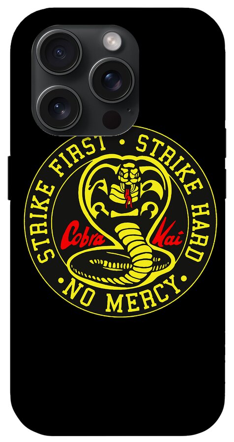 Black phone case with camera cutouts and yellow circular Strike First No Mercy emblem