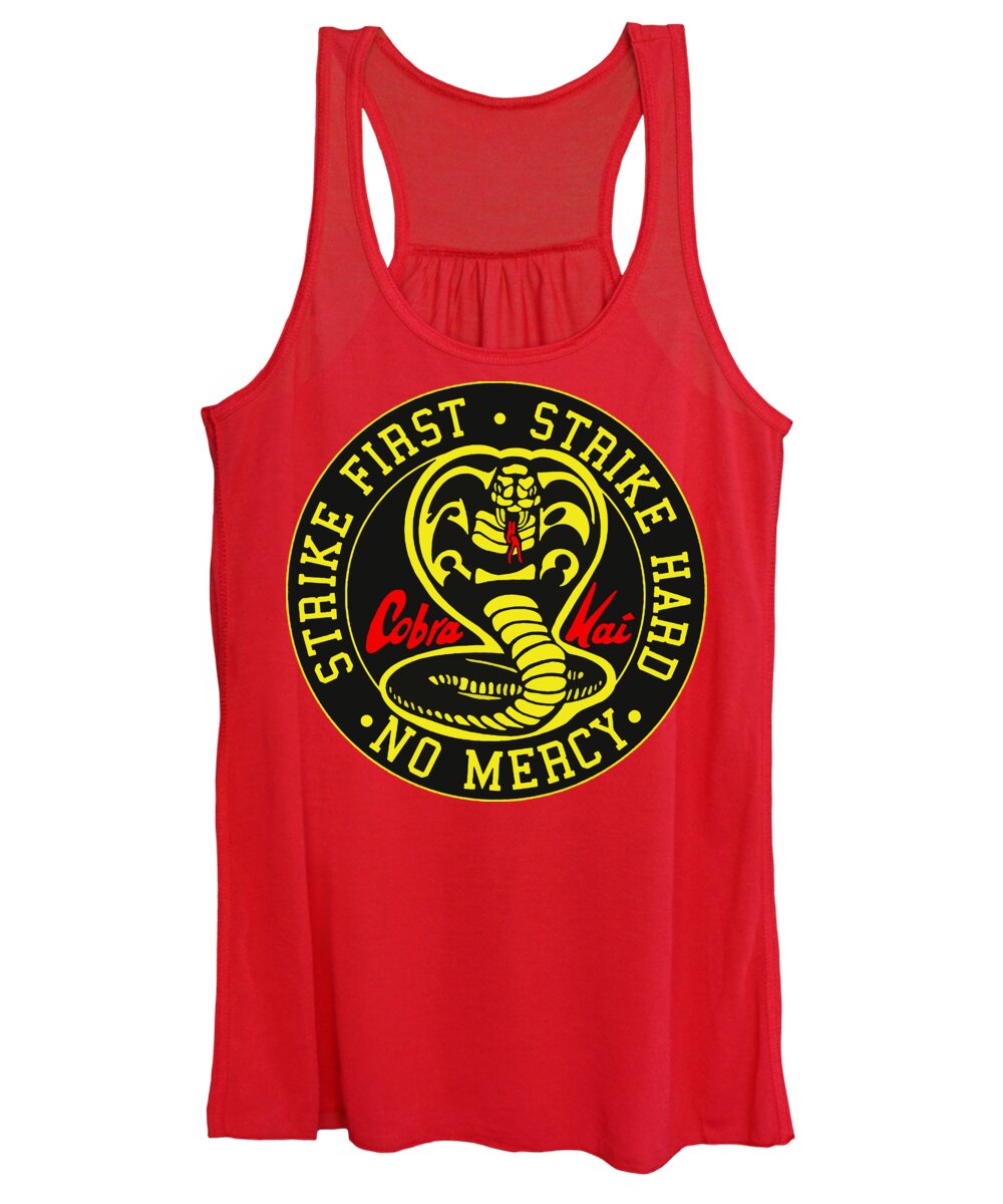 Women's red tank top with scooped neckline and round Cobra Kai graphic logo front.