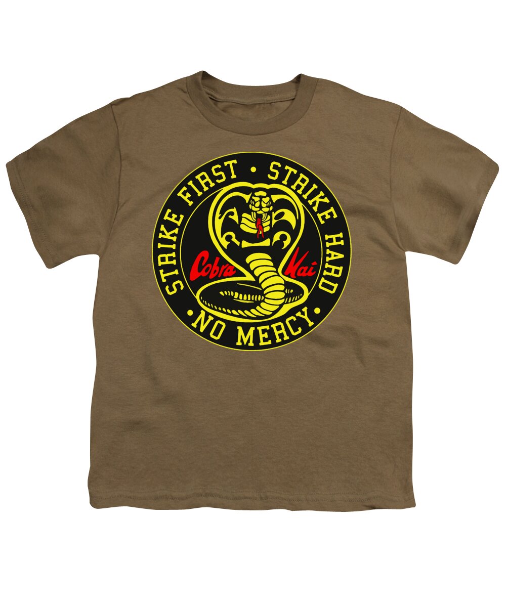 Brown youth graphic T-shirt with Cobra Kai circular Strike First logo