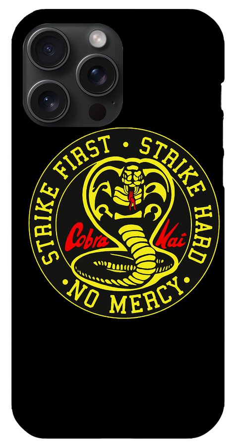 Black phone case back with camera lenses and centered yellow No Mercy circular logo