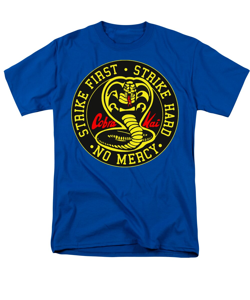 Men's royal-blue T-shirt with circular Cobra Kai graphic at chest.