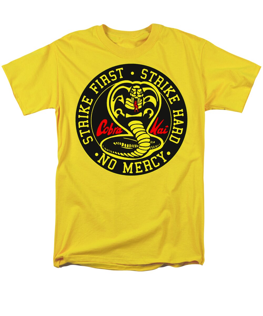 Men's yellow T-shirt with circular Cobra Kai graphic at chest.