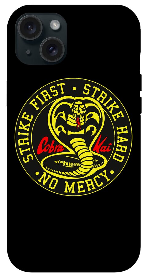 Black phone case back with camera lenses and yellow Cobra Kai No Mercy logo