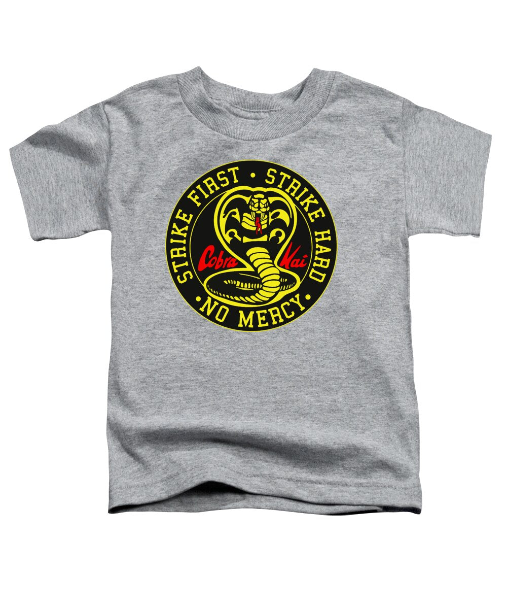 Toddler graphic t-shirt in heather gray with Cobra Kai Strike First emblem at center