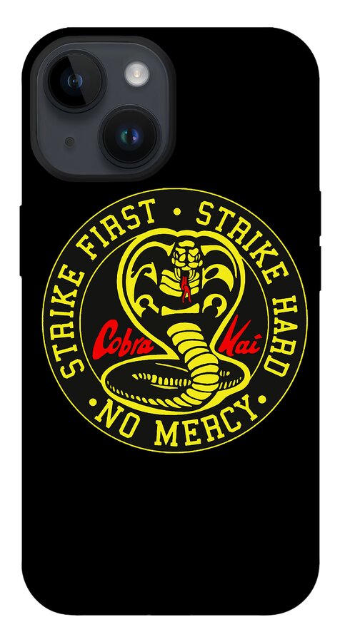Black phone case with Cobra Kai Strike First logo emblem and front camera openings