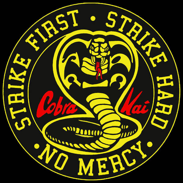 Circular cobra emblem art print with yellow outline, “Strike First” and “No Mercy” text, red accents