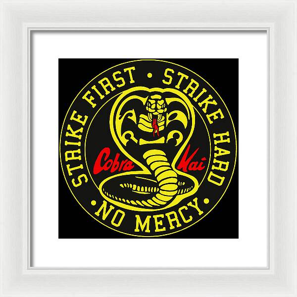 Framed Cobra Kai graphic wall art with white frame and white mat, centered round logo design.