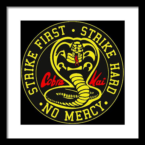 Framed Cobra Kai graphic wall art with white mat and white frame, close centered logo circle.