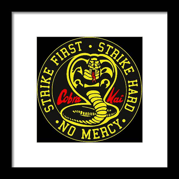 White framed print with circular Cobra Kai snake logo and “NO MERCY” text