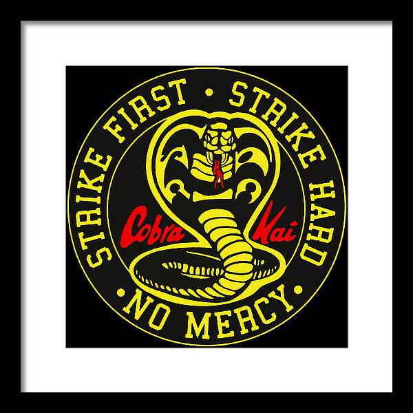 Framed Cobra Kai graphic wall art with black frame and white mat, centered logo circle.