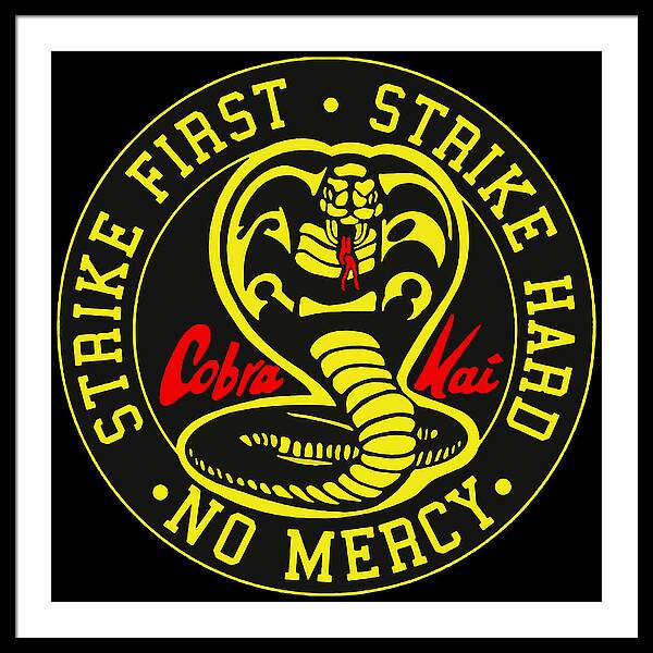 White framed print with circular Cobra Kai snake logo and “NO MERCY” text