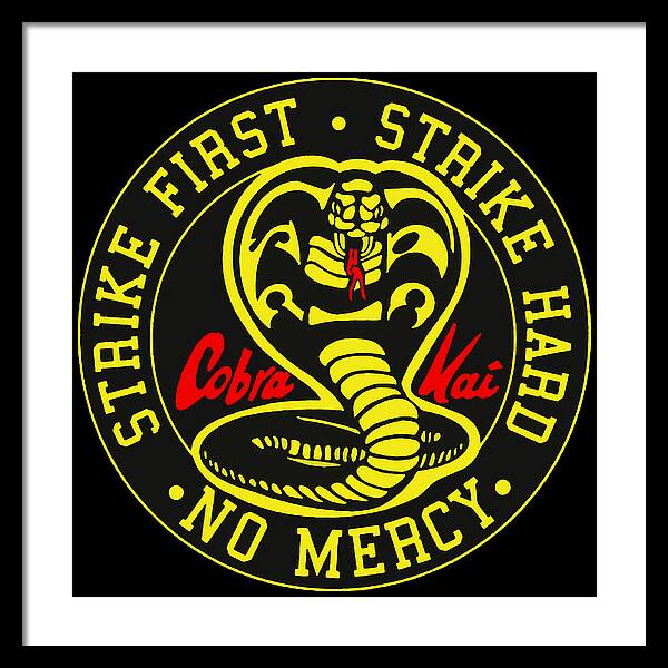Framed wall print with black frame and light mat, circular Cobra Kai emblem on black