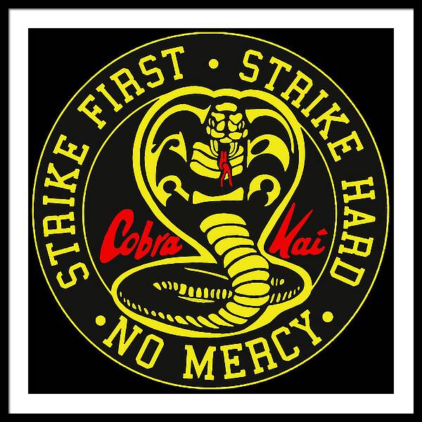 Black framed print with circular Cobra Kai snake logo and “NO MERCY” text