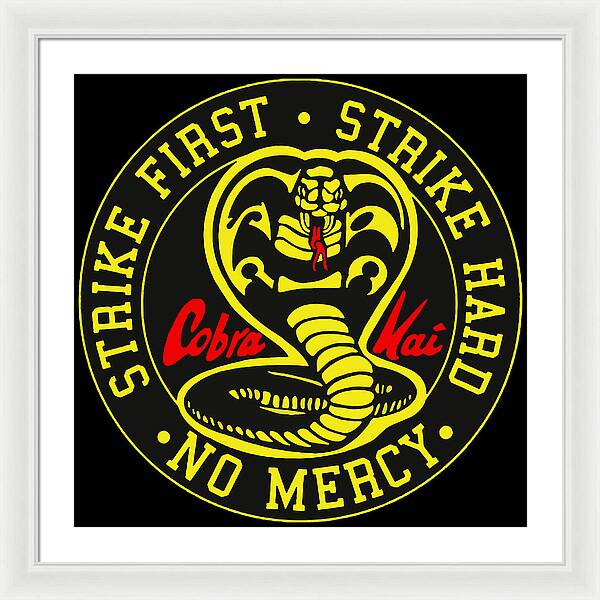 White framed print with circular Cobra Kai snake logo and “NO MERCY” text