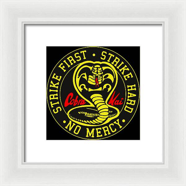 White framed print with circular Cobra Kai snake logo and “NO MERCY” text