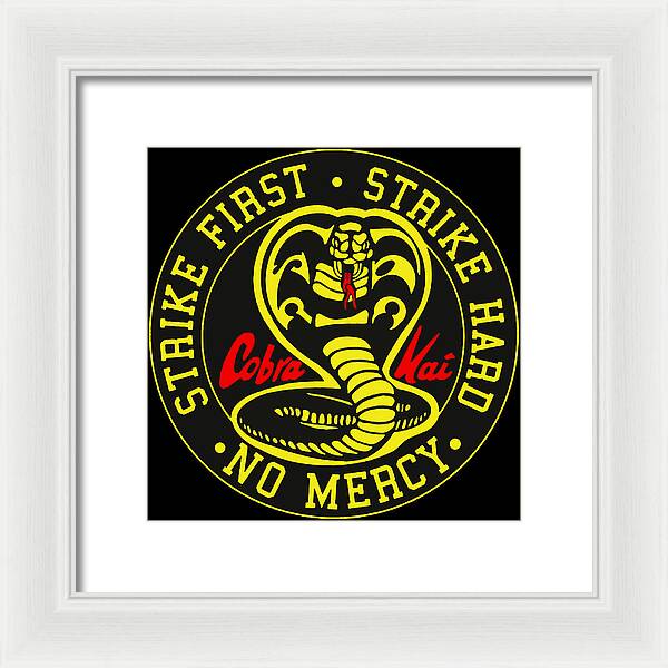Framed Cobra Kai graphic wall art with white frame and white mat, centered logo circle.