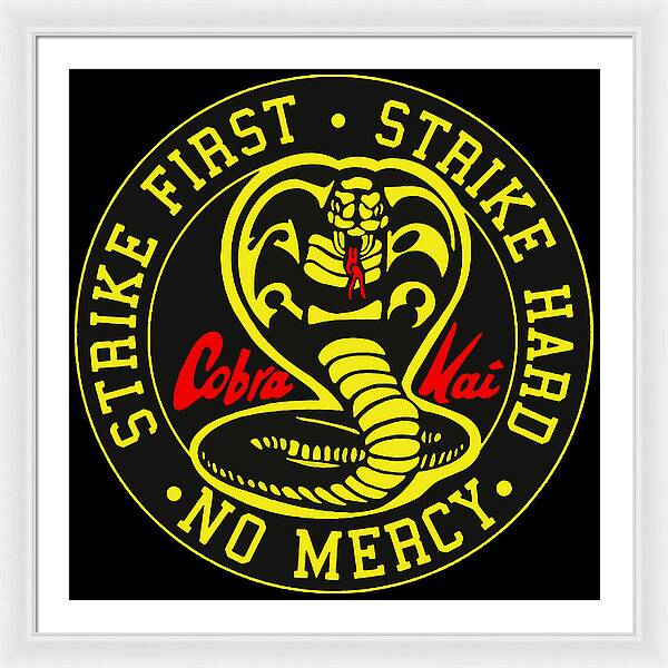 White framed print with circular Cobra Kai snake logo and “NO MERCY” text