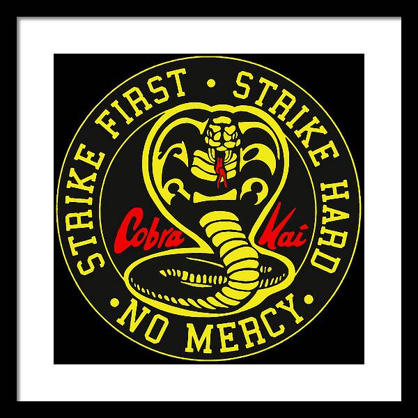 Framed wall print with black frame and light mat, circular Cobra Kai emblem on black