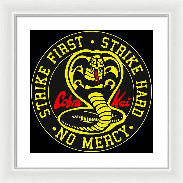 Framed wall print with white frame and light mat, circular Cobra Kai emblem on black