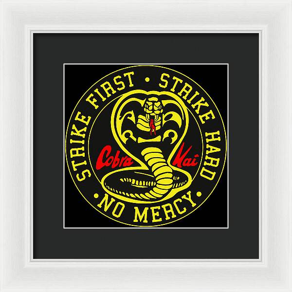 Framed Cobra Kai graphic wall art with dark frame and white inner mat, centered logo circle.