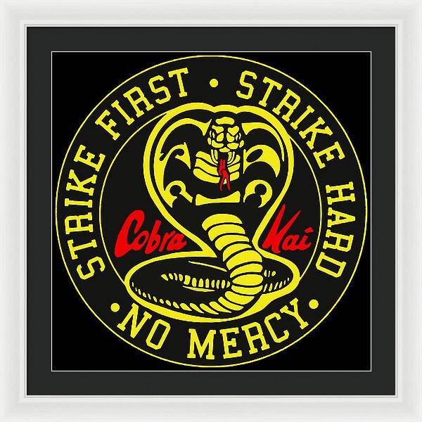 White framed print with circular Cobra Kai snake logo and “NO MERCY” text